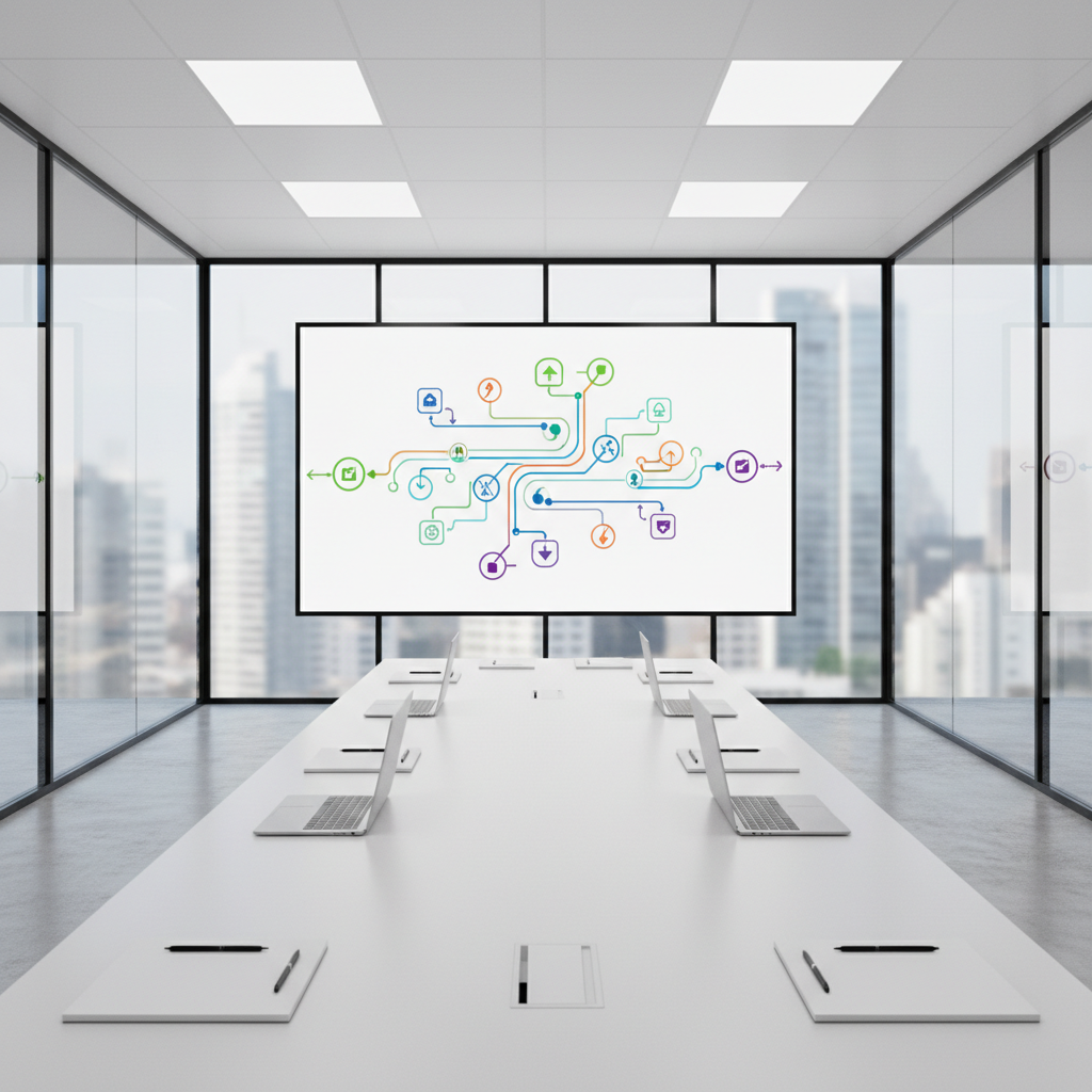 A bright, glass-walled meeting room features a long, matte-white conference table arranged with identical closed laptops, minimalist pens, and clean blank notepads at each seat. Along one wall, a large frameless screen displays an abstract, colorful flow of arrows and icons, hinting at recruitment pipelines and HR processes without readable text. Soft overhead panel lighting combines with diffused daylight from the windows, creating an evenly lit, modern corporate atmosphere. Shot from a slightly elevated angle in photographic realism, the composition uses leading lines from the table edges toward the screen, suggesting collaboration, planning, and strategic HR management in a clean, international business setting devoid of people.