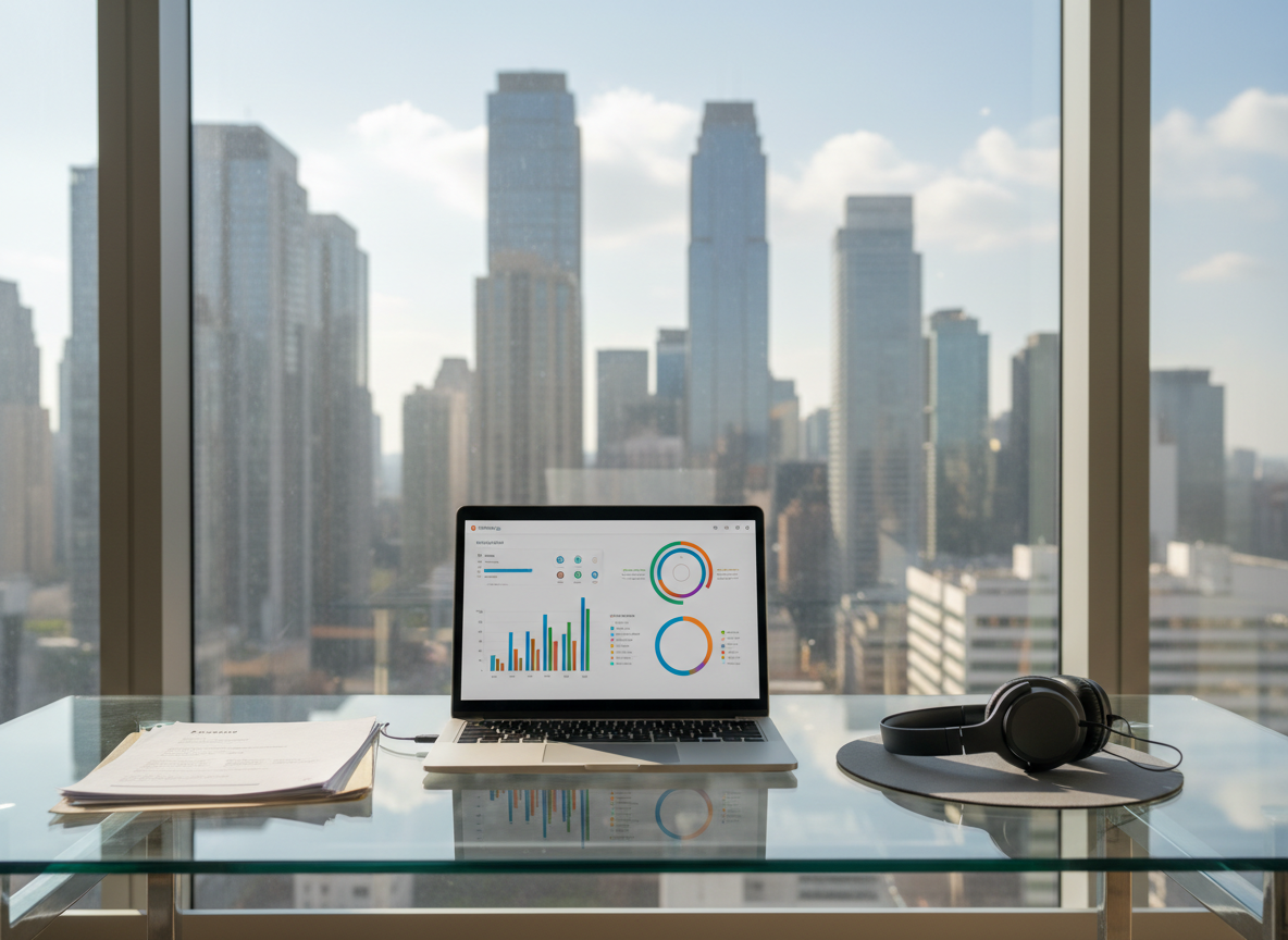 A sleek glass-topped workstation holds an open silver laptop displaying a generic analytics dashboard made of colored bars and circles, a neatly stacked folder of blank resumes, and a pair of noise-cancelling headphones resting on a soft grey mousepad. The desk stands in front of a floor-to-ceiling window overlooking a modern city skyline of glass towers. Mid-morning natural light floods the space, creating crisp reflections on the laptop and subtle shadows from the office accessories. Photographic realism, captured at eye level with a shallow depth of field, keeping the workstation in sharp focus while the skyline gently blurs. The mood is professional, focused, and optimistic, evoking global HR work and digital talent acquisition without showing any people or text.
