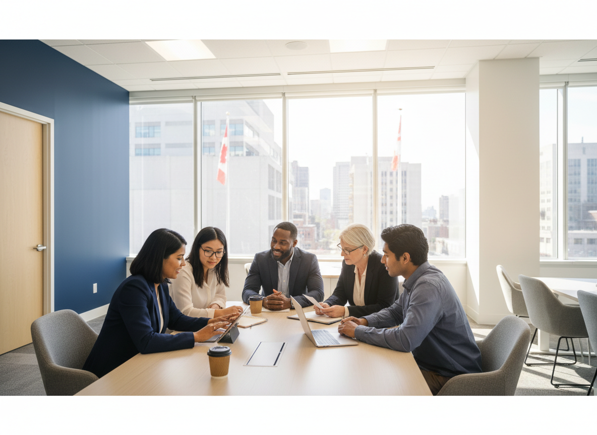 A diverse group of professional job seekers and career advisors collaborating in a bright, modern Canadian office.