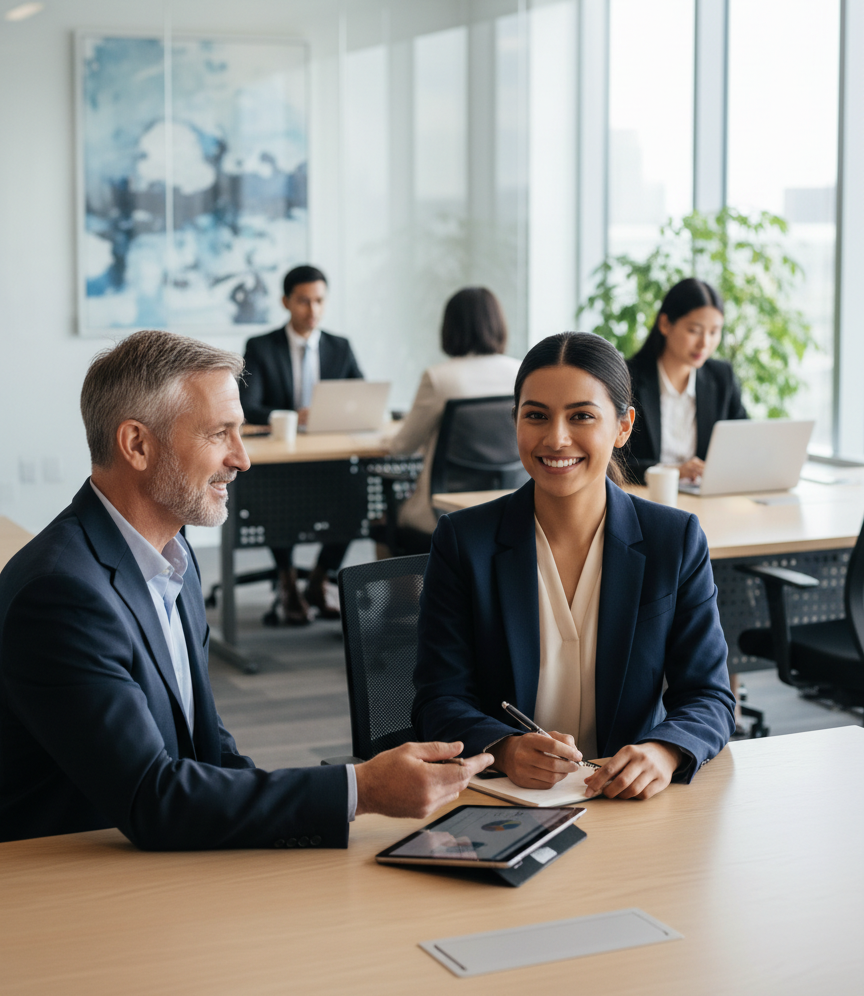 A confident internationally educated professional in a one-on-one career consultation with a Hirelytics Canada advisor.